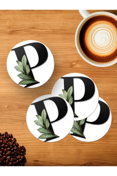 Panorama Ajans P Harfi Yeşil Yapraklı 4'lü Ahşap Bardak Altlığı ürün görseli 1