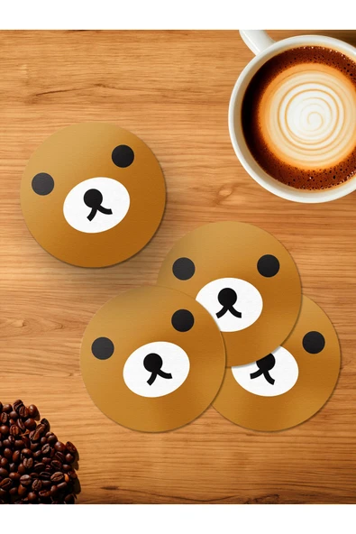 Panorama Ajans Minimal Bear Ayı Tatlı Cute Tasarım Hediye 4'lü Ahşap Bardak Altlığı ürün görseli 1