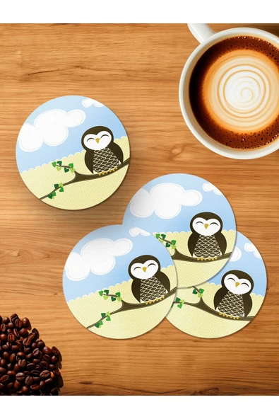 Panorama Ajans Tatlı Baykuş 4'lü Ahşap Bardak Altlığı ürün görseli 1