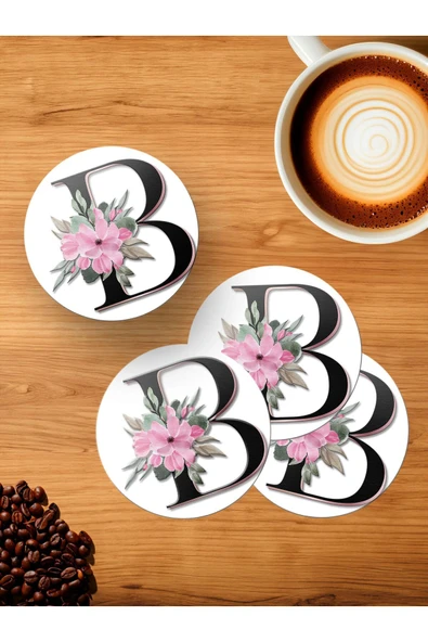Panorama Ajans B Harfi Baş Harf Pembe Çiçekli 4'lü Ahşap Bardak Altlığı ürün görseli 1