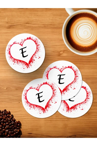 Panorama Ajans E Harfi Kalp 4'lü Ahşap Bardak Altlığı ürün görseli 1