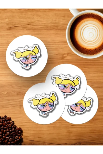 Panorama Ajans Powerpuff Girls Bubbles Sticker Tasarım 4'lü Ahşap Bardak Altlığı ürün görseli 1