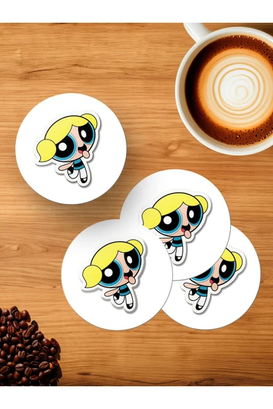 Panorama Ajans Powerpuff Girls Severlere Bubbles Sticker 4'lü Ahşap Bardak Altlığı ürün görseli 1