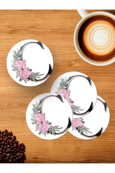 Panorama Ajans C Harfi Baş Harf Pembe Çiçekli 4'lü Ahşap Bardak Altlığı ürün görseli 1