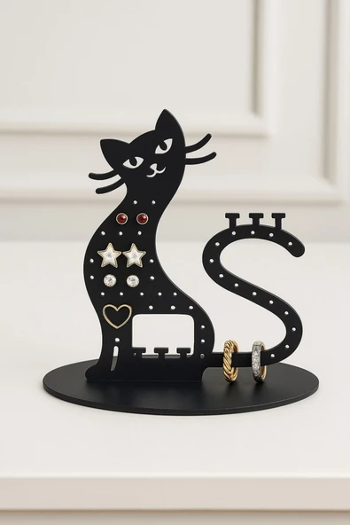 Panorama Ajans Kedi Figürlü MDF Takı Standı – Küpe ve Yüzük Düzenleyici