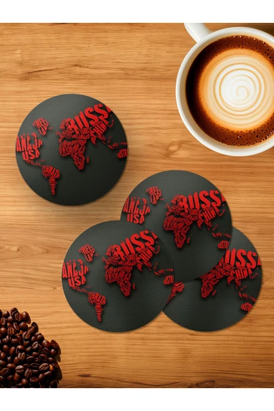 Panorama Ajans Dünya Haritsaı Tasarım 4'lü Ahşap Bardak Altlığı ürün görseli 1