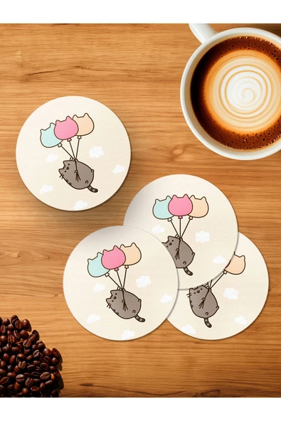 Panorama Ajans Tatlı Cute Çizim Uçan Kedi 4'lü Ahşap Bardak Altlığı ürün görseli 1