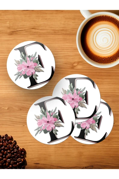 Panorama Ajans E Harfi Baş Harf Pembe Çiçekli 4'lü Ahşap Bardak Altlığı ürün görseli 1