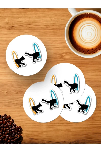 Panorama Ajans Tatlı Cute Kedi Cat Sticker Tasarım 4'lü Ahşap Bardak Altlığı ürün görseli 1
