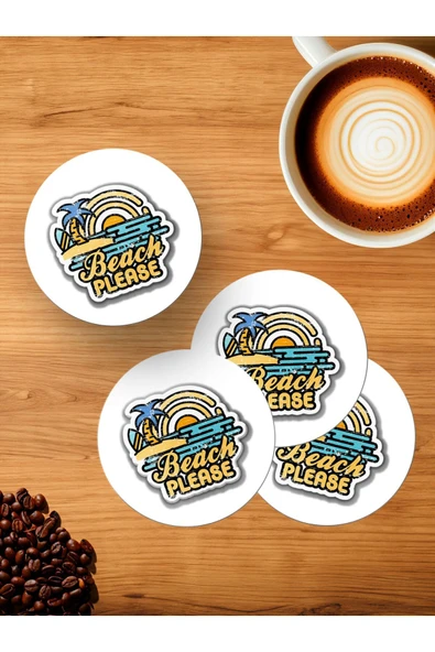 Panorama Ajans Summer Time Sahil Deniz Sticker 4'lü Ahşap Bardak Altlığı ürün görseli 1