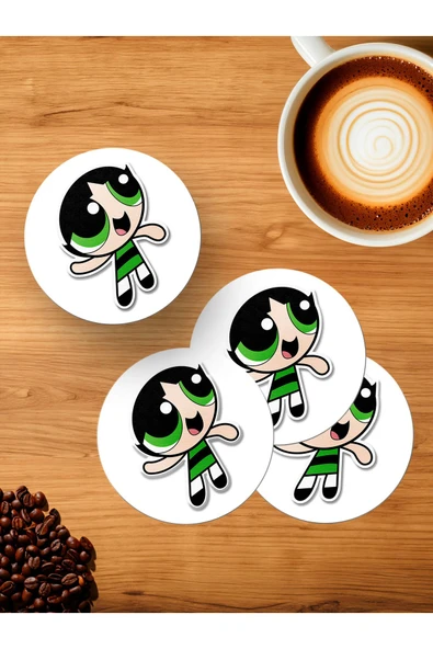 Panorama Ajans Powerpuff Girls Severlere Buttercup Sticker 4'lü Ahşap Bardak Altlığı ürün görseli 1