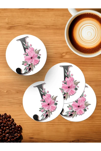 Panorama Ajans J Harfi Baş Harf Pembe Çiçekli 4'lü Ahşap Bardak Altlığı ürün görseli 1