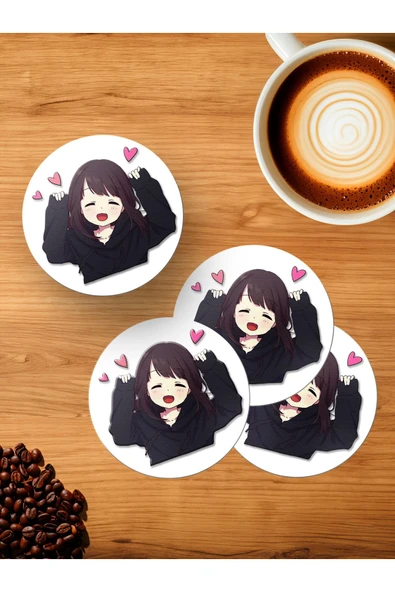 Panorama Ajans Tatlı Kız Cute Girl Anime Tasarım 4'lü Ahşap Bardak Altlığı ürün görseli 1