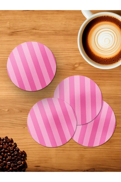 Panorama Ajans Victoria Secret Desen Pink Pembe Şerit 4'lü Ahşap Bardak Altlığı