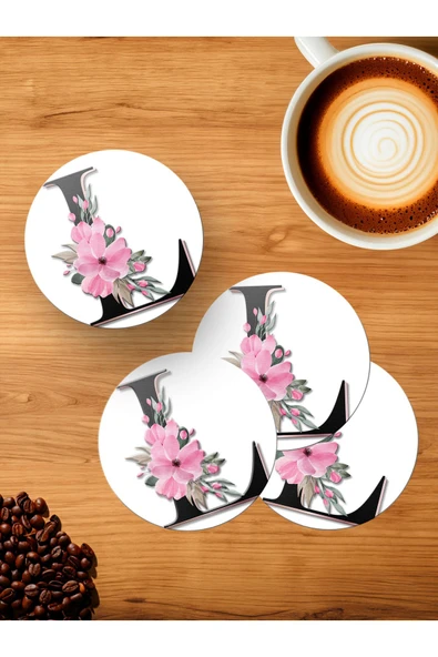 Panorama Ajans L Harfi Baş Harf Pembe Çiçekli 4'lü Ahşap Bardak Altlığı ürün görseli 1