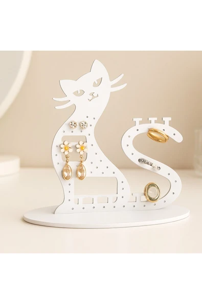 Panorama Ajans Kedi Figürlü MDF Takı Standı – Küpe ve Yüzük Düzenleyici