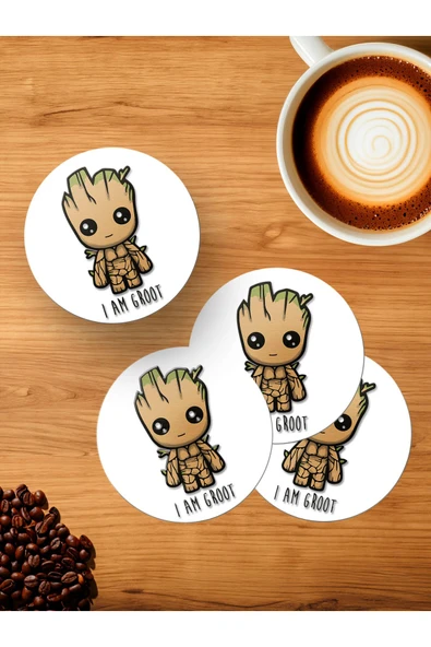 Panorama Ajans Marvel Tatlı Cute Groot Tasarım 4'lü Ahşap Bardak Altlığı ürün görseli 1