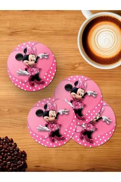 Panorama Ajans Mickey Mouse Minnie Tatlı Kalp Sevgili Hediye 4'lü Ahşap Bardak Altlığı