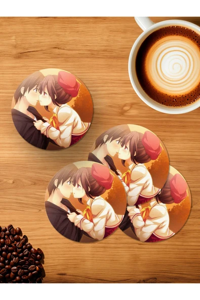 Panorama Ajans Love Story Anime Severlere Romance Romantik Sevgililer Günü 4'lü Ahşap Bardak Altlığı ürün görseli 1