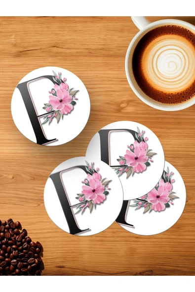 Panorama Ajans P Harfi Baş Harf Pembe Çiçekli 4'lü Ahşap Bardak Altlığı ürün görseli 1