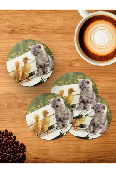 Panorama Ajans Tatlı Yavru Ördek ve Kedi Veteriner Hediye 4'lü Ahşap Bardak Altlığı ürün görseli 1