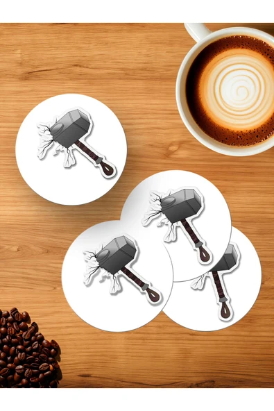 Panorama Ajans Marvel Karakterleri Thor Çekici Mjolnir Sticker Tasarım 4'lü Ahşap Bardak Altlığı ürün görseli 1