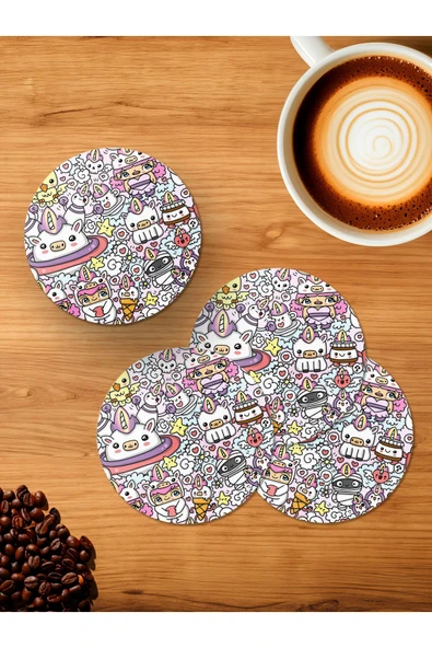 Panorama Ajans Minimal Renkli Unicorn Tasarım 4'lü Ahşap Bardak Altlığı ürün görseli 1