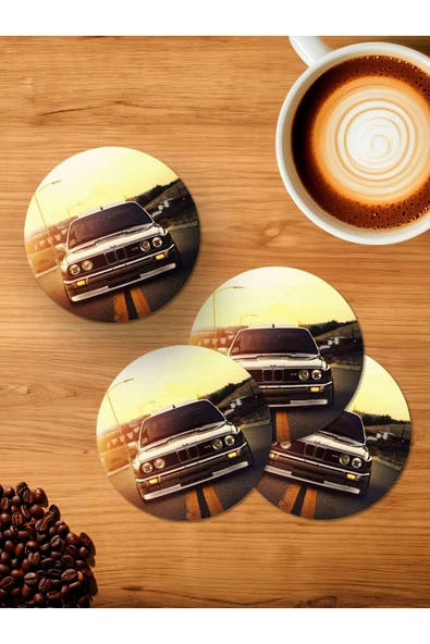 Panorama Ajans BMW E30 Günbatımı Gri 4'lü Ahşap Bardak Altlığı ürün görseli 1