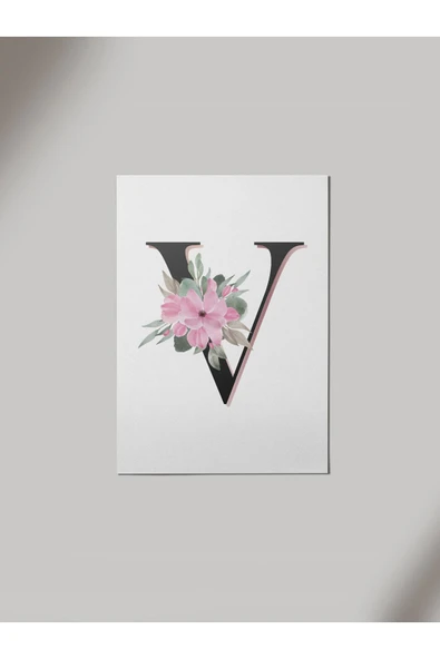Panorama Ajans V Harfi Baş Harf Pembe Çiçekli Ahşap Poster Tablo ürün görseli 1