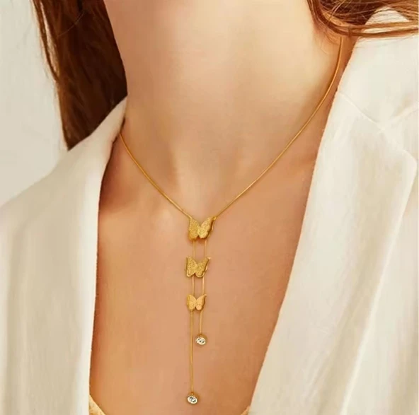 Kelebek kolye Küpe Çelik Takı 354 - Resim 3