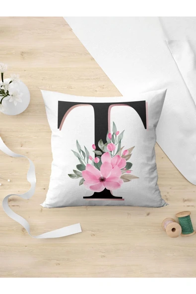 Panorama Ajans T Harfi Baş Harf Pembe Çiçekli Yastık Kılıfı ürün görseli 1