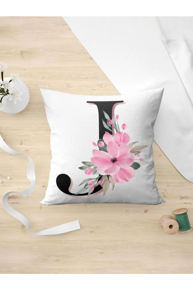 Panorama Ajans J Harfi Baş Harf Pembe Çiçekli Yastık Kılıfı ürün görseli 1