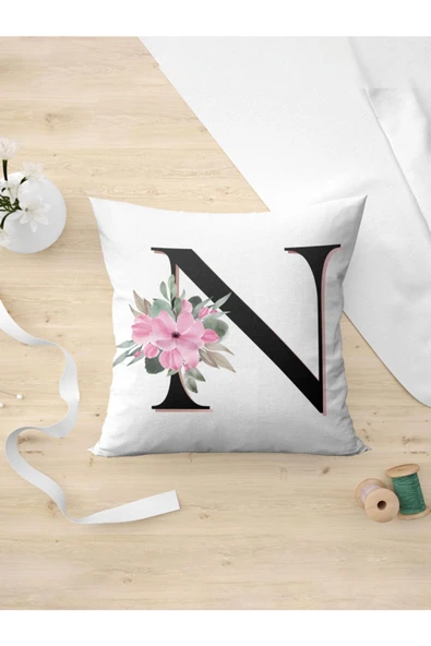 Panorama Ajans N Harfi Baş Harf Pembe Çiçekli Yastık Kılıfı ürün görseli 1