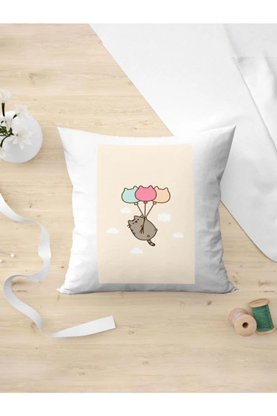 Panorama Ajans Tatlı Cute Çizim Uçan Kedi Yastık Kılıfı ürün görseli 1