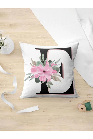 Panorama Ajans E Harfi Baş Harf Pembe Çiçekli Yastık Kılıfı ürün görseli 1