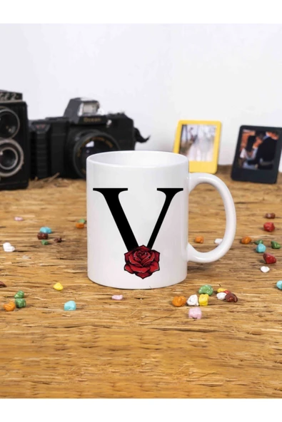 Panorama Ajans Gül Rose Flower Tasarım Alfabe Kupa Seti V Harfi Beyaz Kupa Bardak ürün görseli