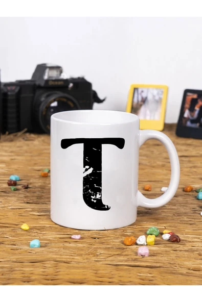 Panorama Ajans Dekoratif Yazılı Hediye Porselen T Harfi Beyaz Kupa Bardak ürün görseli