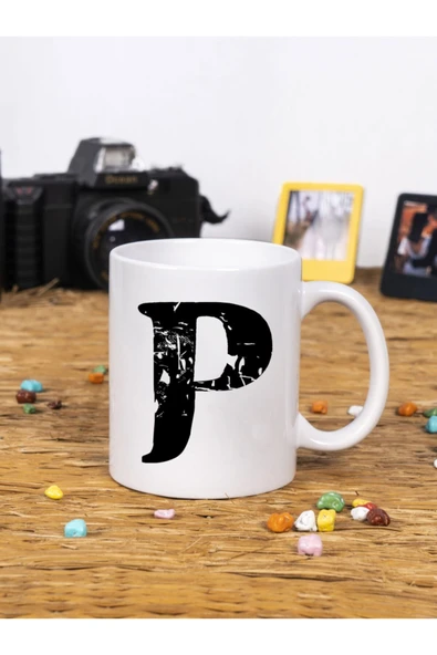 Panorama Ajans Dekoratif Yazılı Hediye Porselen P Harfi Beyaz Kupa Bardak ürün görseli