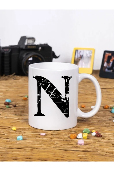 Panorama Ajans Dekoratif Yazılı Hediye Porselen N Harfi Beyaz Kupa Bardak ürün görseli