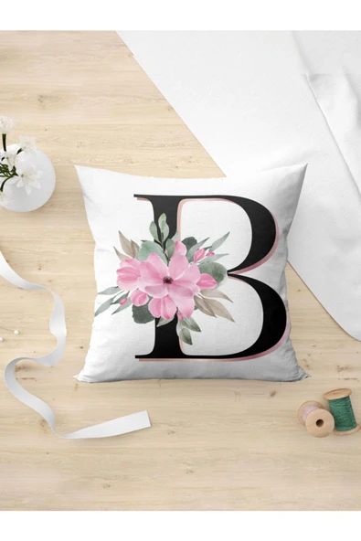 Panorama Ajans B Harfi Baş Harf Pembe Çiçekli Yastık Kılıfı ürün görseli 1