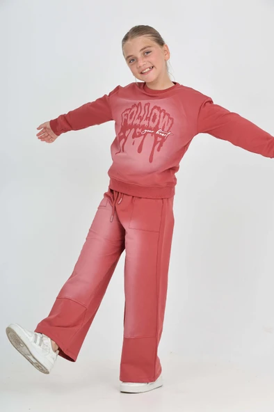 Kız Çocuk 2'li Takım Eskitme Baskılı Bisiklet Yaka Sweatshirt & Beli Lastikli Cepli Bol Paça Eşofman Altı - 2 İplik - Resim 10