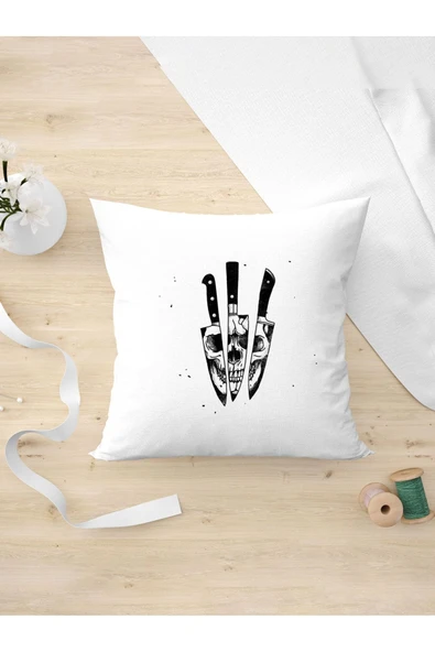 Panorama Ajans Kuru Kafa Ve Bıçak Tasarımlı Siyah Beyaz Oda Dekoru Yastık Kılıfı ürün görseli 1