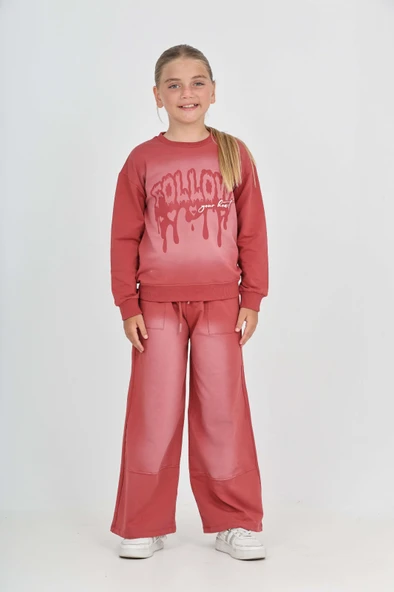 Kız Çocuk 2'li Takım Eskitme Baskılı Bisiklet Yaka Sweatshirt & Beli Lastikli Cepli Bol Paça Eşofman Altı - 2 İplik - Resim 9