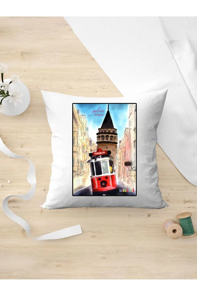 Panorama Ajans İstanbul Severlere Tramvay ve Galata Kuleli Arkadaşa Kişiye Hediyelik Yastık Kılıfı ürün görseli 1
