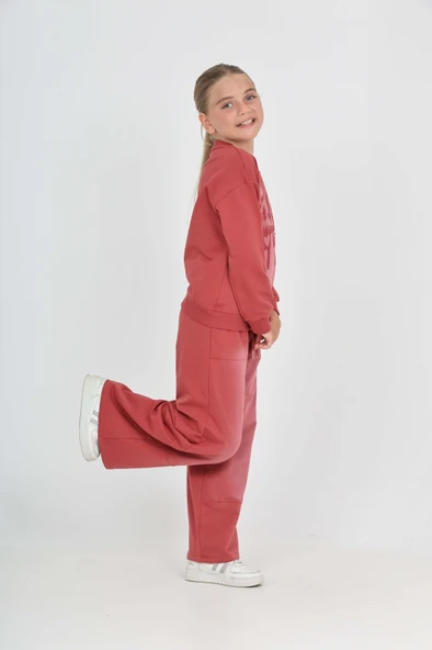 Kız Çocuk 2'li Takım Eskitme Baskılı Bisiklet Yaka Sweatshirt & Beli Lastikli Cepli Bol Paça Eşofman Altı - 2 İplik - Resim 8