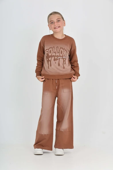 Kız Çocuk 2'li Takım Eskitme Baskılı Bisiklet Yaka Sweatshirt & Beli Lastikli Cepli Bol Paça Eşofman Altı - 2 İplik - Resim 3