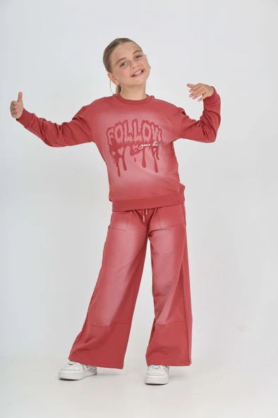 Kız Çocuk 2'li Takım Eskitme Baskılı Bisiklet Yaka Sweatshirt & Beli Lastikli Cepli Bol Paça Eşofman Altı - 2 İplik - Resim 6