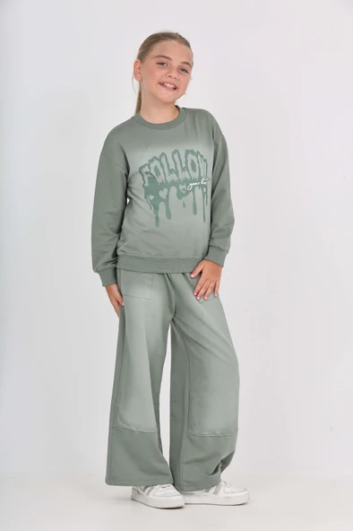 Kız Çocuk 2'li Takım Eskitme Baskılı Bisiklet Yaka Sweatshirt & Beli Lastikli Cepli Bol Paça Eşofman Altı - 2 İplik - Resim 12