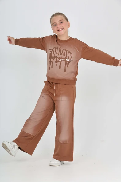 Kız Çocuk 2'li Takım Eskitme Baskılı Bisiklet Yaka Sweatshirt & Beli Lastikli Cepli Bol Paça Eşofman Altı - 2 İplik - Resim 2