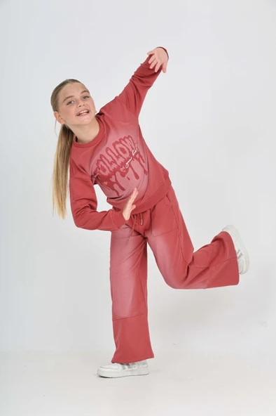 Kız Çocuk 2'li Takım Eskitme Baskılı Bisiklet Yaka Sweatshirt & Beli Lastikli Cepli Bol Paça Eşofman Altı - 2 İplik - Resim 7